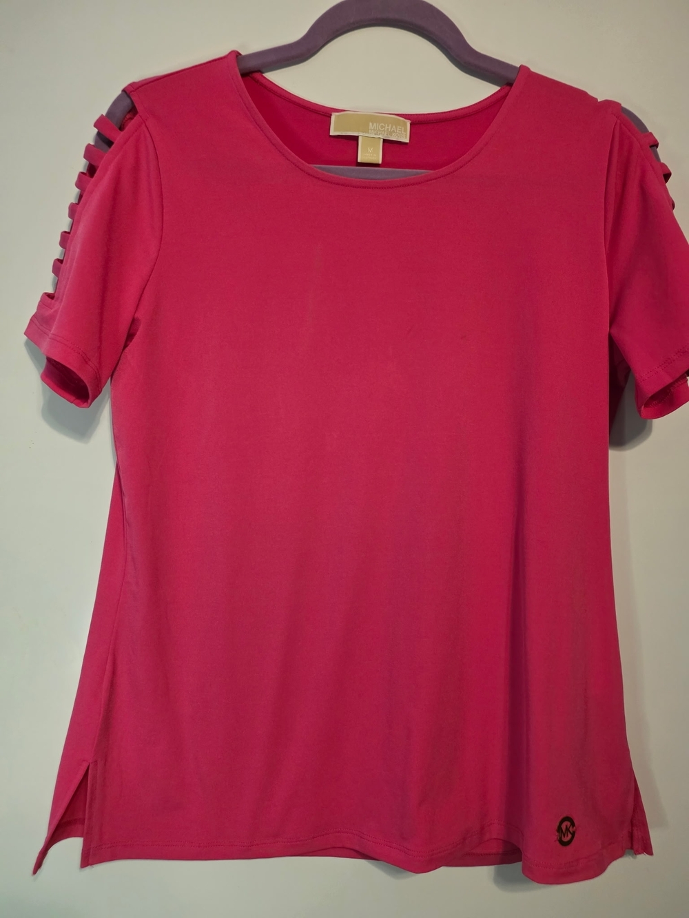 Michael Kors Hot Pink Short-Sleeve Crewneck Top with Ladder Sleeve Detail - Picture 1 of 3